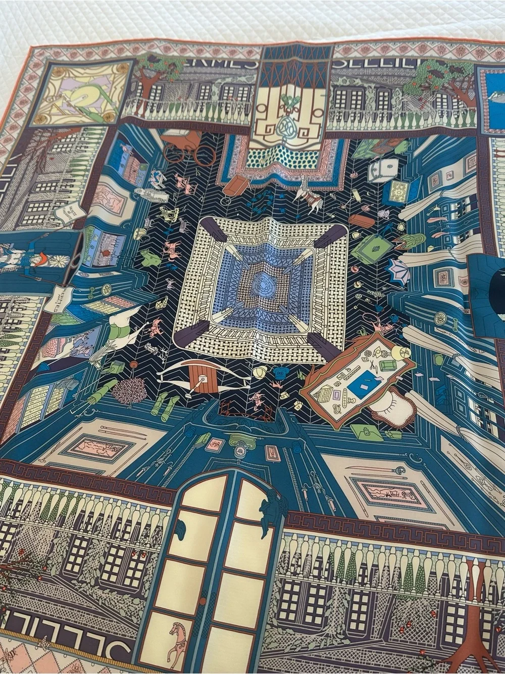 Hermes carre 90 silk scarf objects de curiosite new in box blue and orange motif